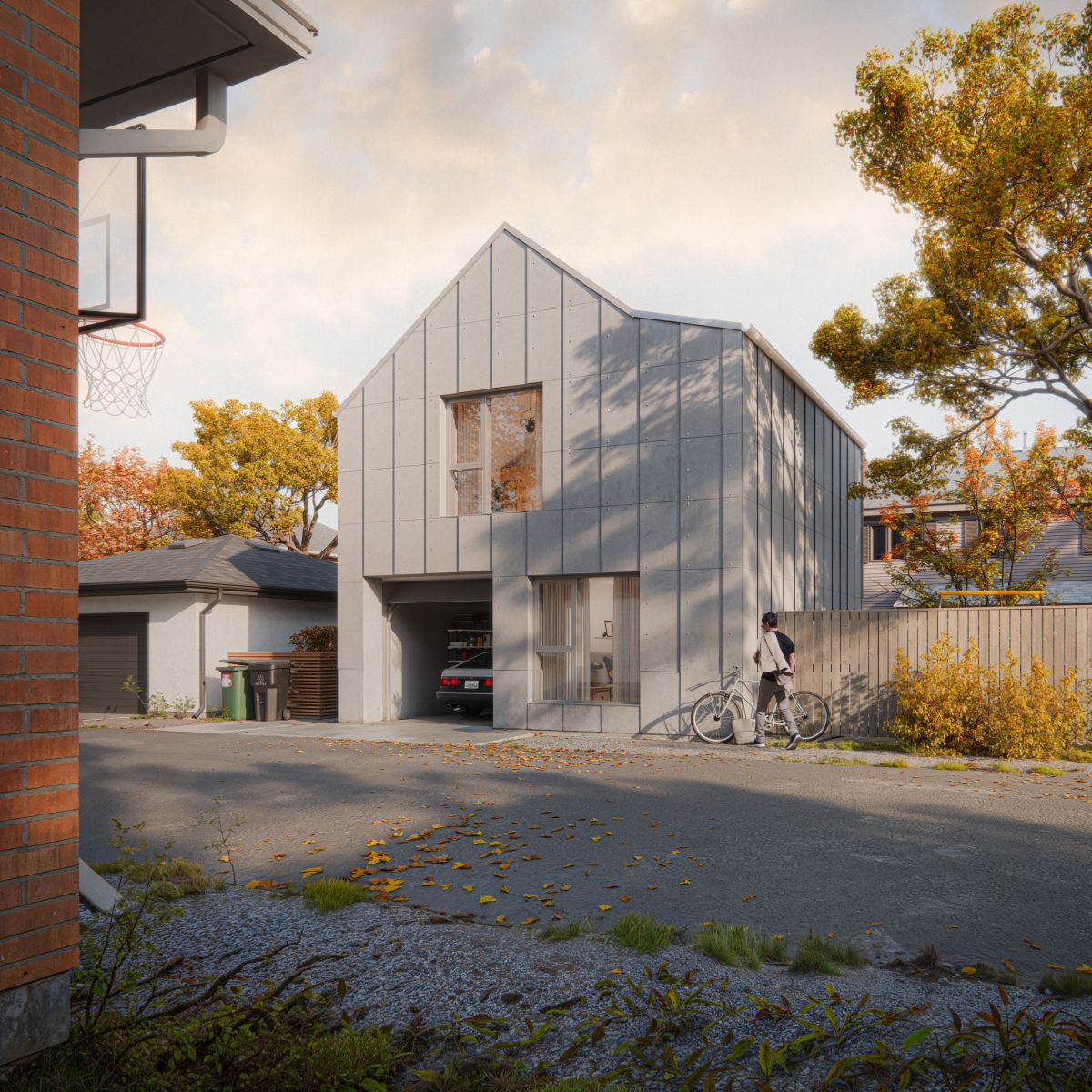 A  3D rendering of a backyard ADU with a concrete facade and a gabled roof. 